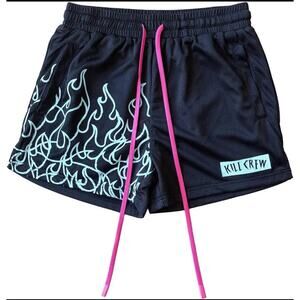 Kill Crew Black Mesh Shorts Blue Flame Graphic Pink Drawstring Streetwear M